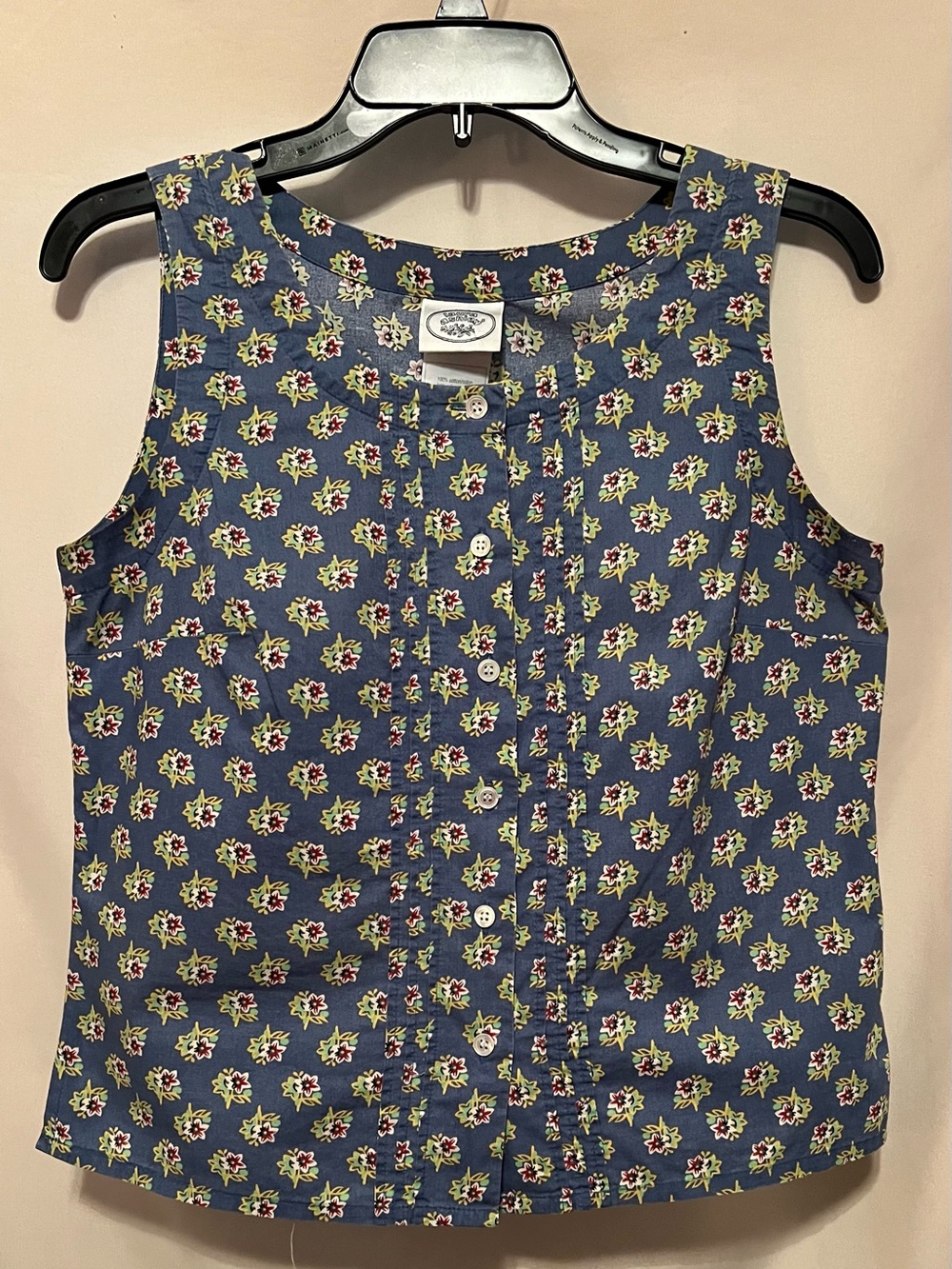 Laura Ashley Blue Floral Pintuck Sleeveless Top 100% Cotton Size 6